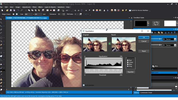 A couple of people on a transparent background in Photo Pos Pro, with the Equalization tool open