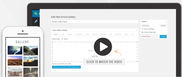 A new Envira Gallery being created in the WordPress backend, with an example gallery beside it shown on mobile