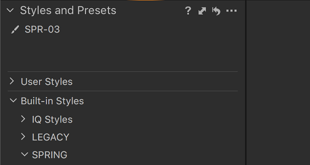 An expandable list of user and built-in styles within Capture One