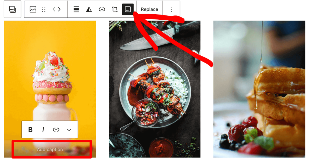 Add a caption to an image in a default WordPress gallery block