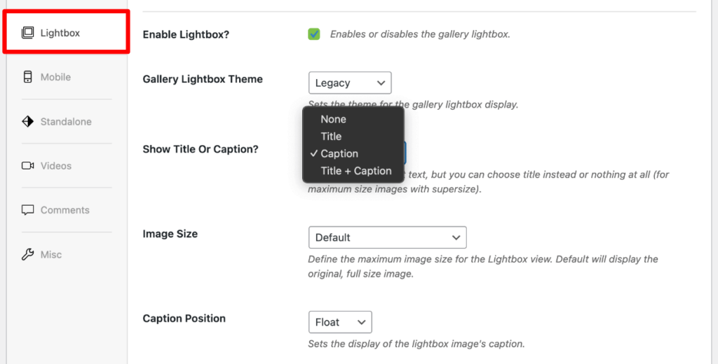 Lightbox settings - show title or caption