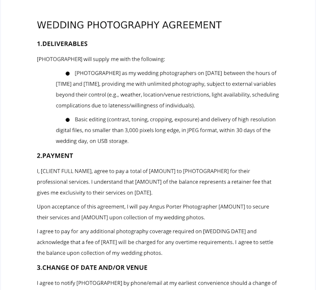 simple wedding photography contract template