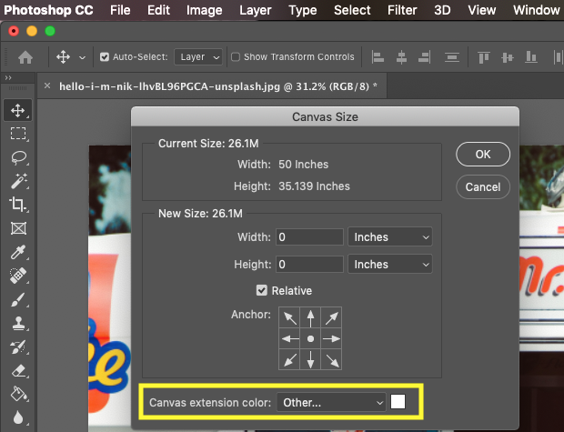Photoshop's Canvas Size dialog box with "Canvas extension color" highlighted with yellow box