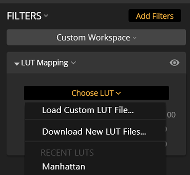 Lightroom filters menu with "Choose LUT" drop-down selected