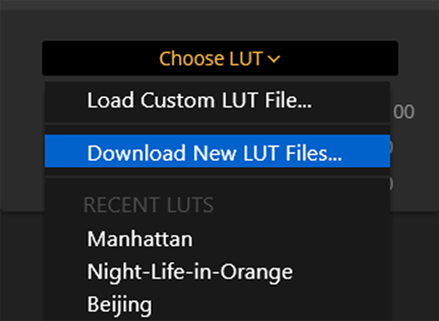 "Choose LUT" drop-down with "Download New LUT Files..." selected