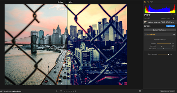 Split screen of image with and without applied LUT