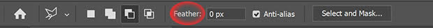 Lasso Tool Feather icon highlighted with red circle in Photoshop's toolbar