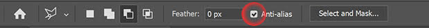 Lasso Tool Anti-Aliasing icon highlighted with red circle in Photoshop's toolbar
