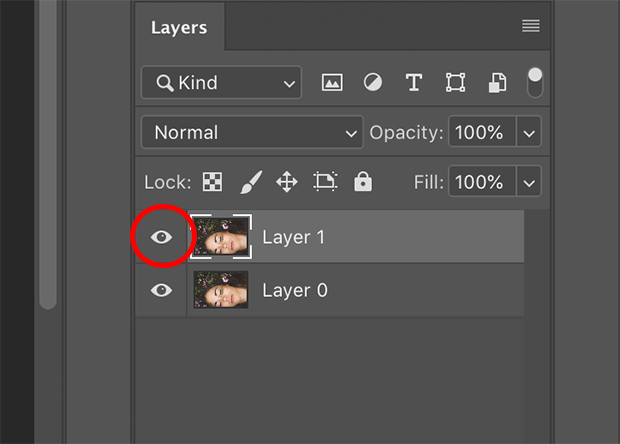 Eye icon on upper layer in Layers Panel circled in red