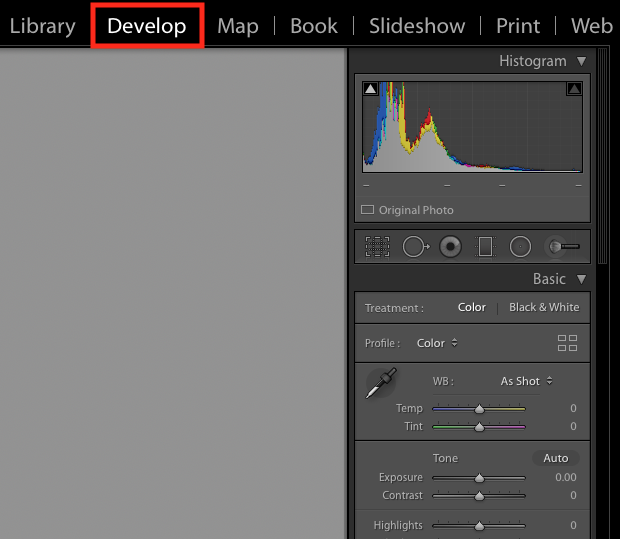 Screenshot of Adobe Lightroom's Develop panel, emphasized with a red box around the word