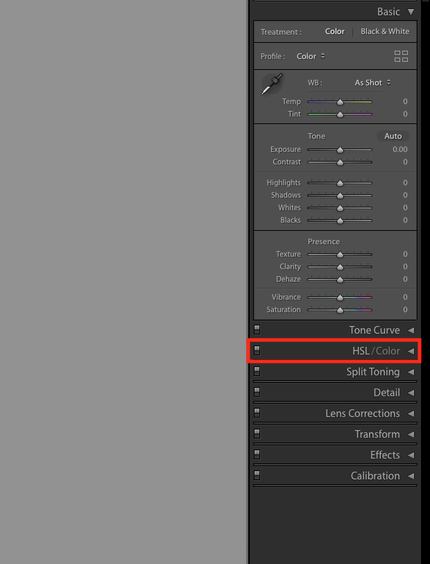 Screenshot of editing sidebar in Lightroom Develop panel. HSL/Color option is highlighted with red box.