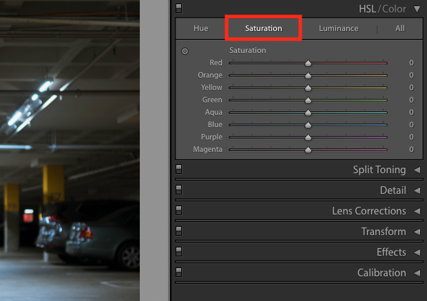 HSL/Color panel of Lightroom's Develop module is extended to reveal options. Saturation is emphasized with a red box and saturation options are available.