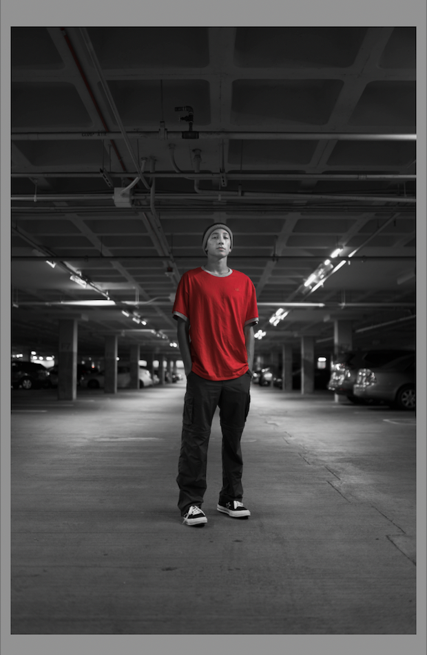 Red tones in the initial image in the car taillights and the model's face have been erased. The entire picture, except for the man's shirt, is now black and white.