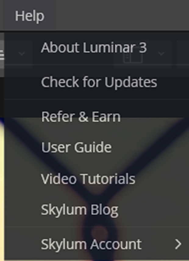 Help bar at top of Luminar program