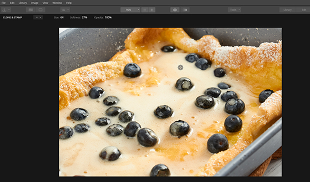 Clone stamp in Luminar used on food photo of baked cheesecake with blueberries 