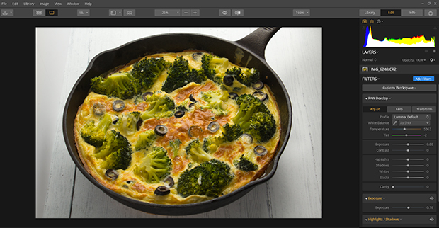 Photo of frittata in cast-iron pan uploaded to Luminar workspace