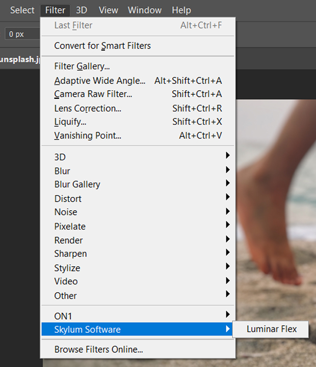 Luminar Flex filter in Photoshop's filter tab