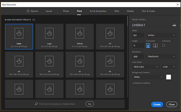 Photoshop's new document tab with print sizes available