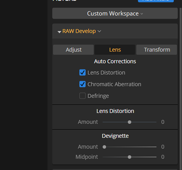 Lens tab in Luminar's RAW Develop drop-down menu