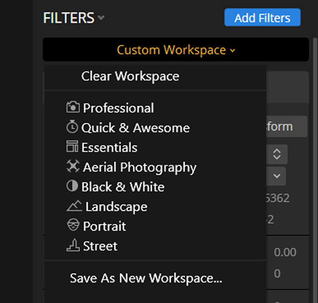 Custom workspace in Luminar