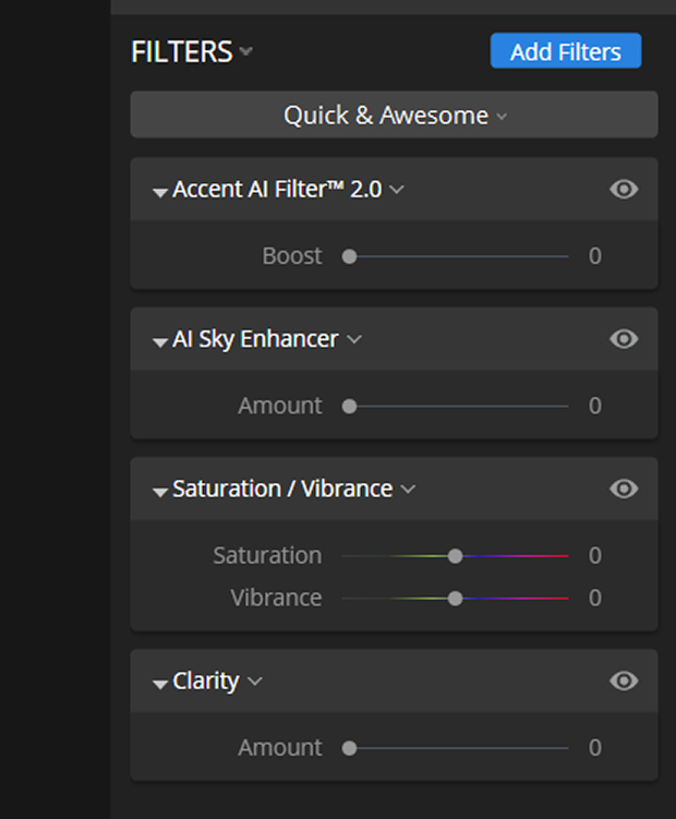 Luminar's filter catalogue in Quick & Awesome Workspace