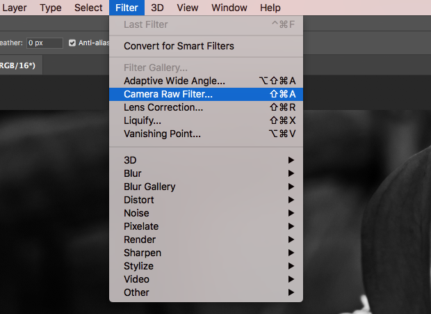 "Filter" option of Photoshop toolbar extended and "Camera Raw Filter" option selected