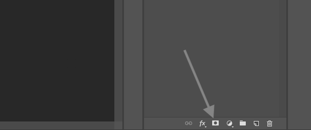 Gray arrow pointed at Photoshop's Layer Mask icon. 