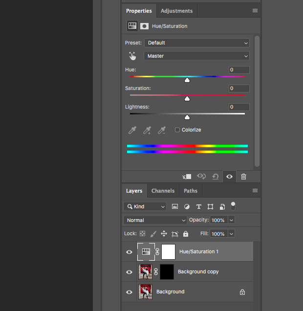 Hue, Saturation, and Lightness panels in "Properties" panel on Photoshop's right-hand toolbar above Layers panel. 