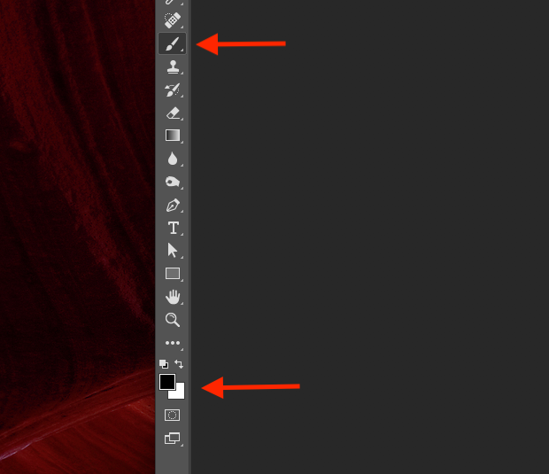 Two red arrows pointed to Photoshop's brush tool icon and the color swatches on the left-hand of the screen.