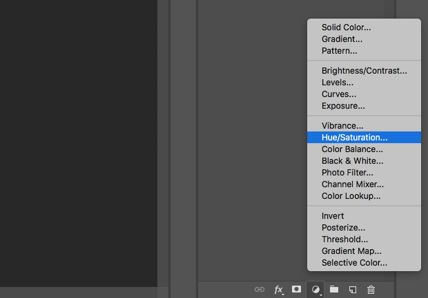 "Hue/Saturation" option selected from Photoshop's Adjustment Layer icon on lower right-hand of the screen.