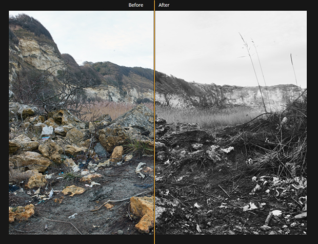 landscape photo divided in half. the left half is in color and the right half is black and white.