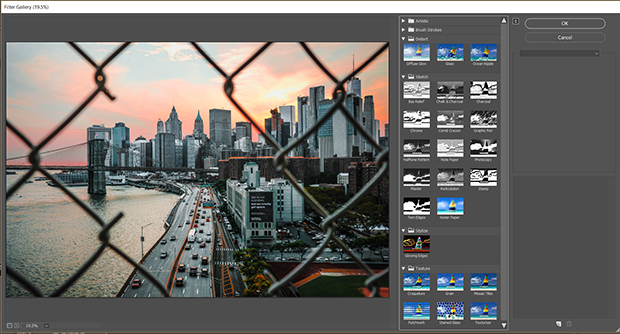 Cityscape photo in Photoshop workspace with filters gallery panel extended on the right