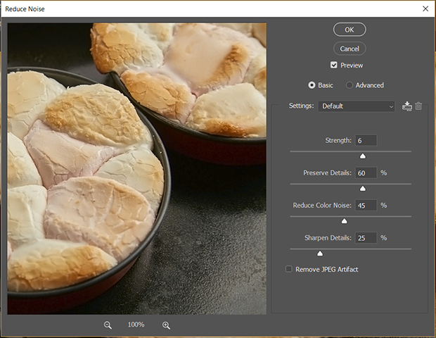 photo of pan-baked bread in Luminar workspace with noise panel maximized on the right side