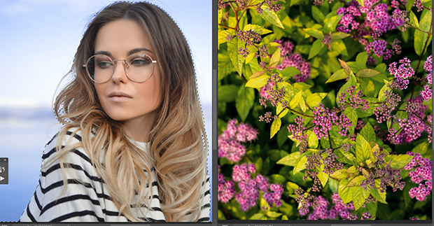 Side-by-side of a simple portrait and a photo of purple flowers