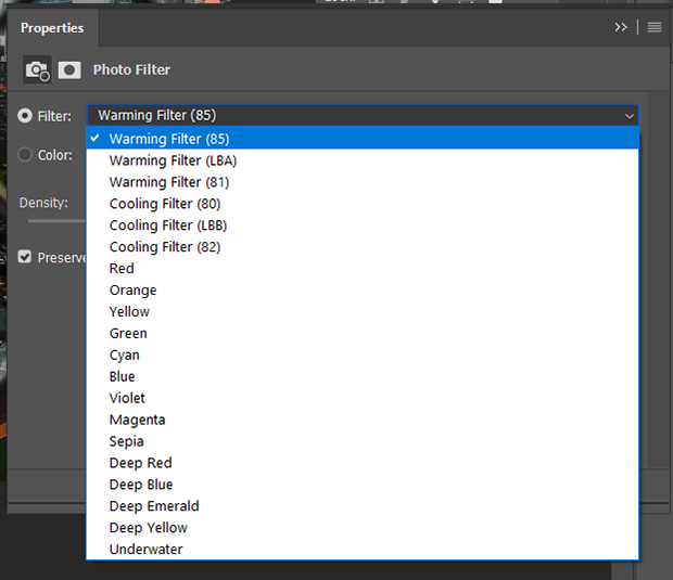 Photo filter dialog box in Photoshop