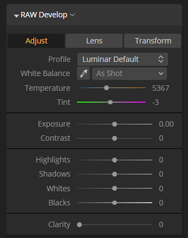 Adjustment panel in Luminar