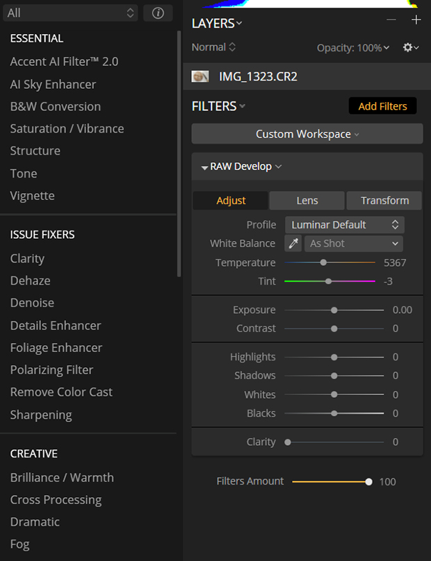 Filters panel in Luminar