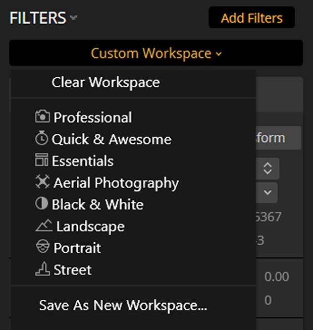 Filters panel under Workspaces in Luminar