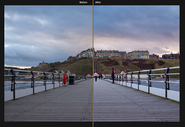 boardwalk photo divided in half with the left side darker and the right side more exposed