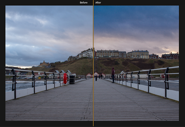 Boardwalk image with original photo displayed on the left and the AI Sky Enhancer applied on the right