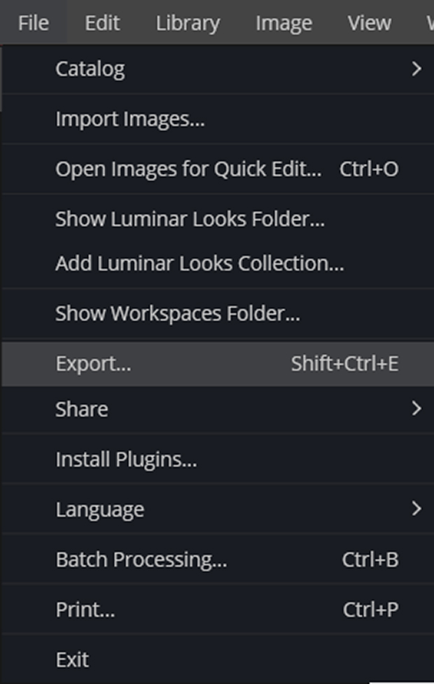 File >> Export in Luminar 