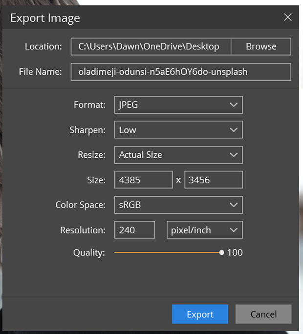 Image export panel in Luminar