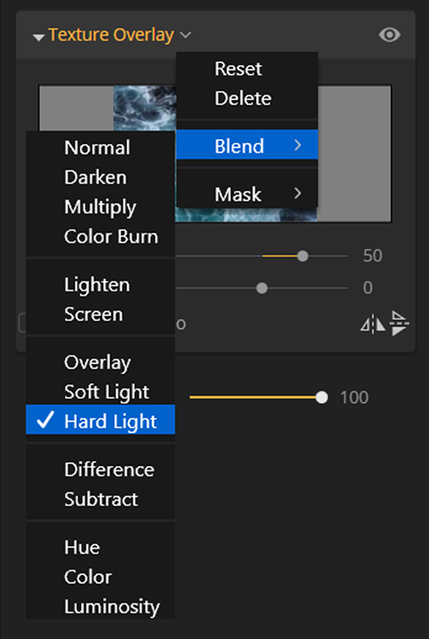 Texture Overlay Blend mode "Hard Light" selected