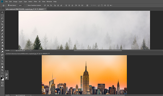 Two images loaded into Photoshop workspace: forest tree line image and city skyline image