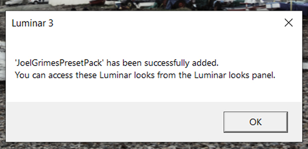 Dialog box from Luminar 3 indicating that the Looks have been added