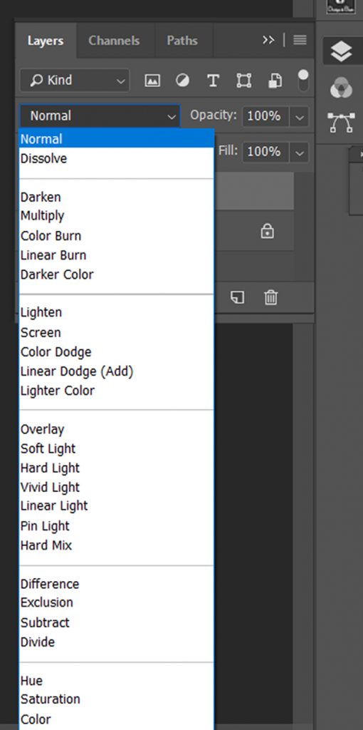 Photoshop's Blend Modes panel extended and options revealed