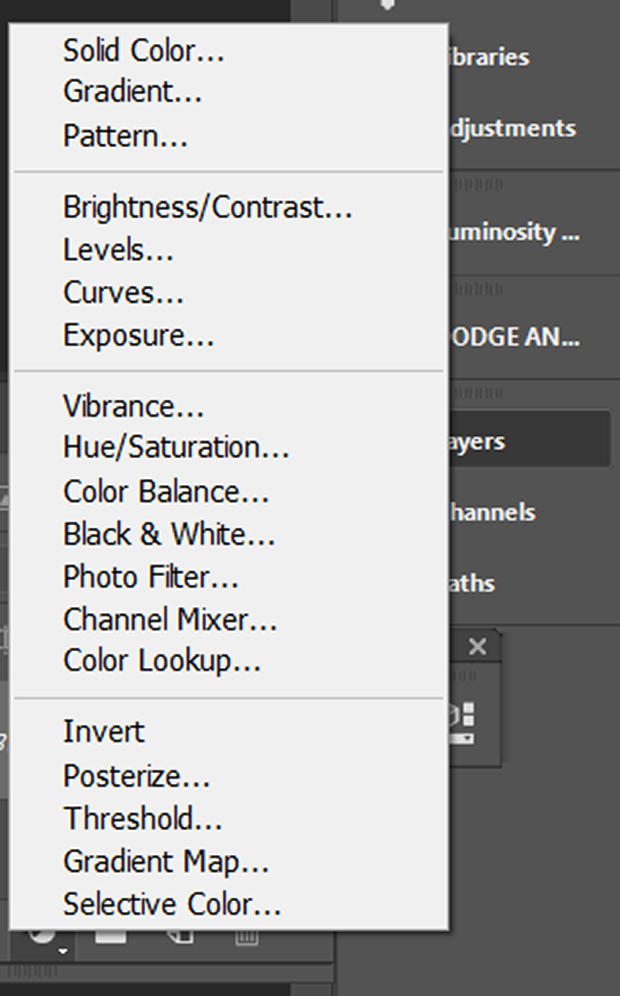 Adjustment Layers menu in Photoshop