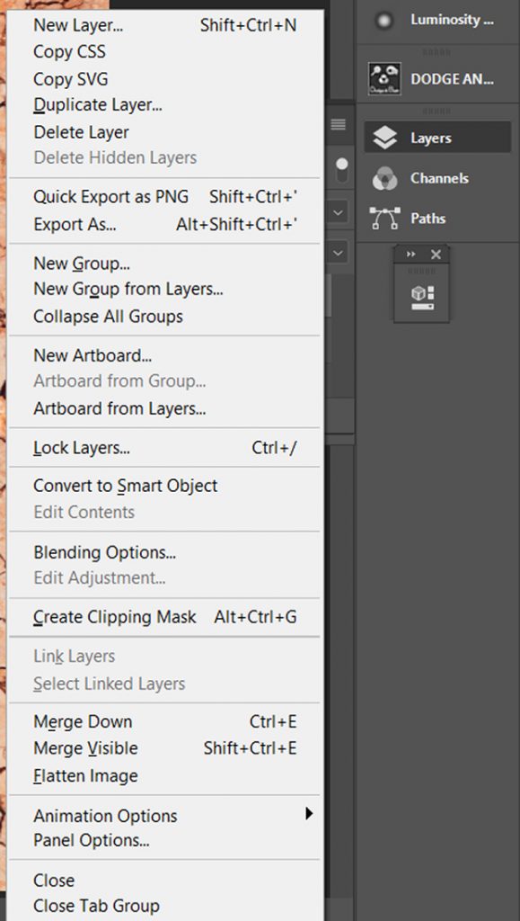 Photoshop Layers options pop-up menu
