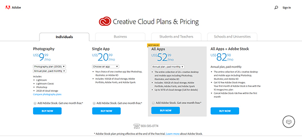 Adobe Creative Cloud plans and pricing graphic from Adobe.com