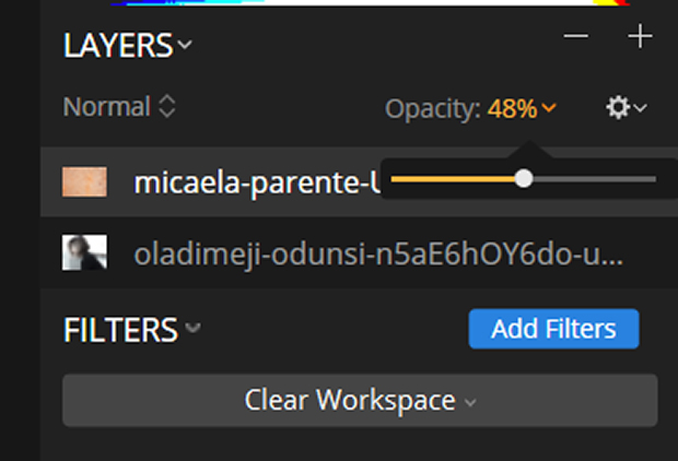 Layers panel with top layer selected and Opacity reduced to 48%